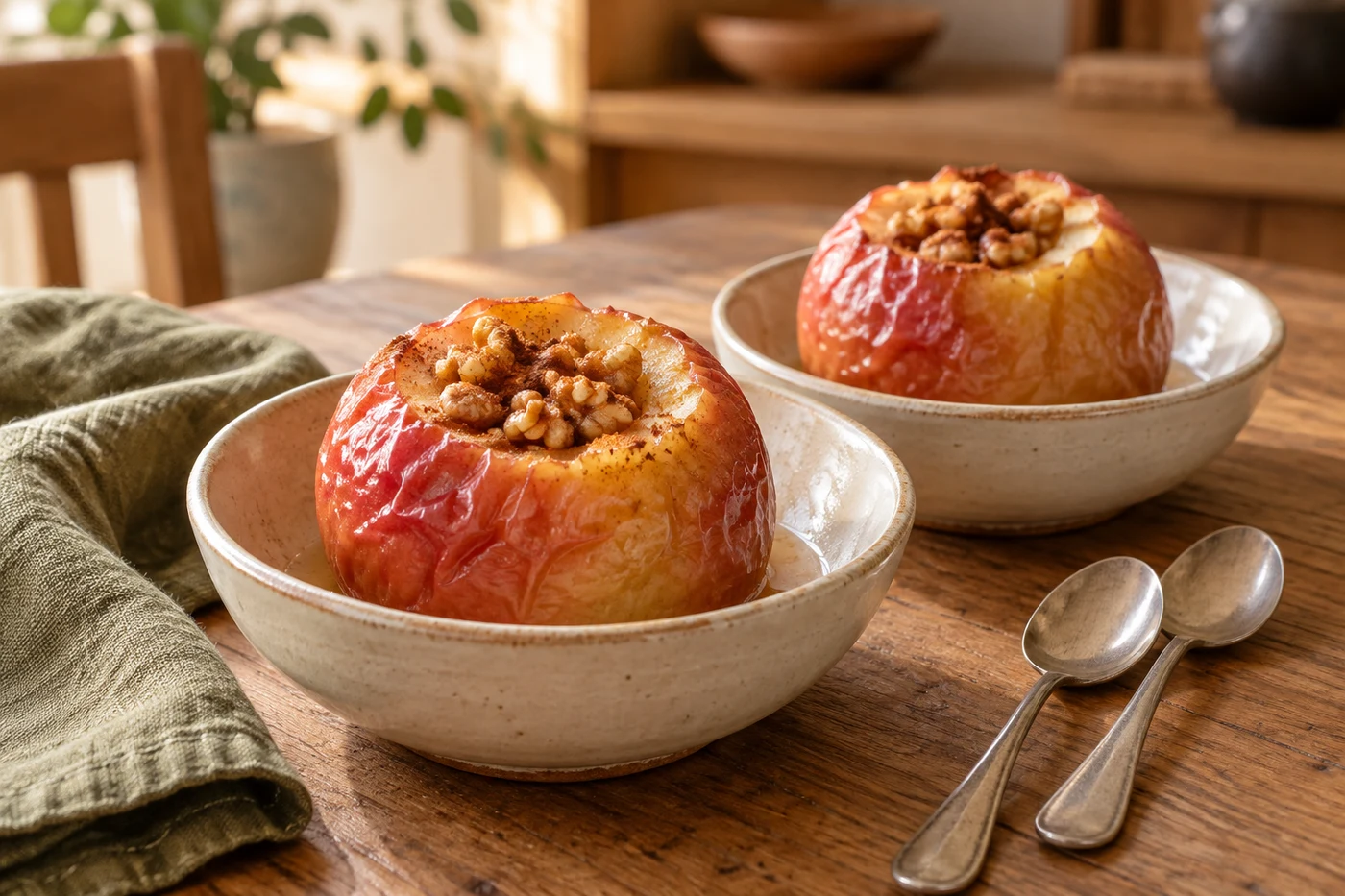 Dos manzanas tiernas rellenas de nueces y canela en cuencos de cerámica